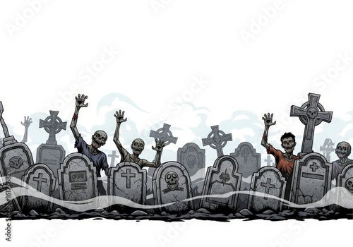 Cartoon graveyard scene with zombies rising from ground amid tombstones