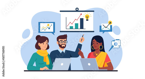 Diverse team collaborating on project, analyzing data and achieving business growth. Ideal for presentations, reports, and websites.