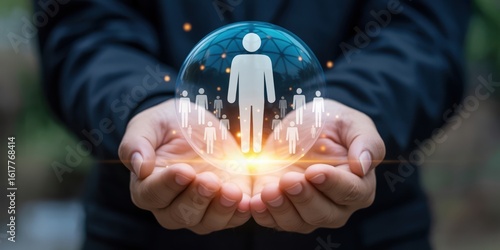 Fostering Employee Engagement: Hands supporting a glowing sphere with a central human figure surrounded by smaller ones, emphasizing team unity and a supportive workplace community
