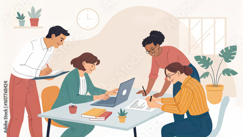 Diverse team collaborating on a project, perfect for illustrating teamwork and productivity in business presentations or website landing pages.