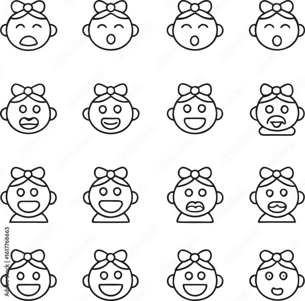 Set of sixteen cartoon baby faces with different expressions and bows illustration icon Set of sixteen cartoon baby faces with different expressions and bows illustration icon