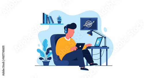Person working from home using laptop and tablet, perfect for remote work, freelance, or online business websites and presentations.
