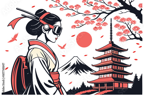 Modern Geisha with VR Headset in Japanese Landscape A Fusion of Tradition and Technology Art