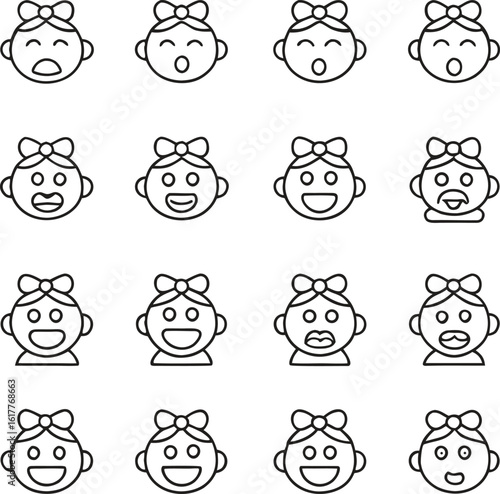 Set of sixteen cartoon baby faces with different expressions and bows illustration icon