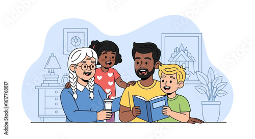 Happy multigenerational family reading a book together at home. Ideal for family blogs, websites, and children's literature.
