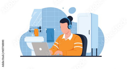 Person working on laptop in bathroom, perfect for illustrating work from home concepts or flexible work arrangements.