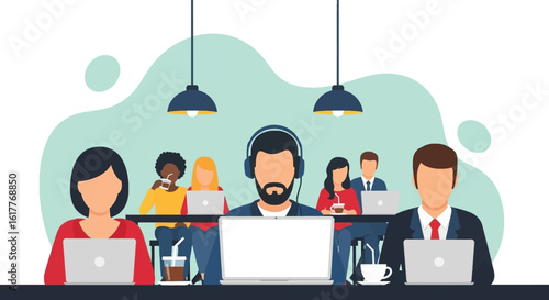 Diverse team of professionals working on laptops in a modern co-working space; ideal for website banners or brochures.