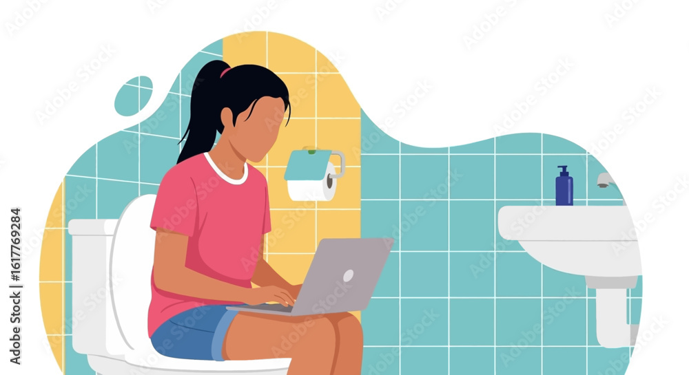 Obraz premium Woman working on laptop in bathroom - illustration for articles on work-life balance, remote work challenges, or humor.