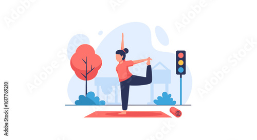 Woman doing yoga outdoors in Natarajasana pose. Perfect for health, wellness, and fitness websites or brochures.