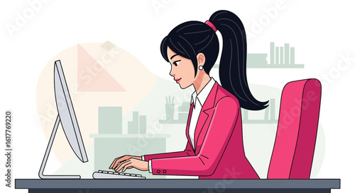 Illustration of a businesswoman working on her computer, perfect for websites, presentations, and marketing materials.
