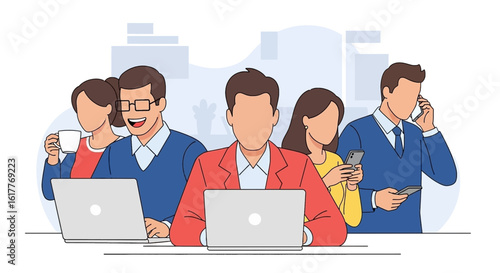 Diverse team of professionals working together on laptops and phones, ideal for a business website or brochure.