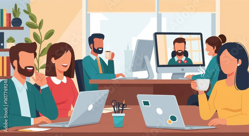 Happy diverse team video conferencing in modern office, perfect for teamwork and collaboration website banners.