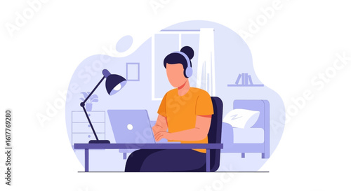 Person working from home on laptop, wearing headphones. Ideal for blog posts about remote work, work-life balance, or online learning.