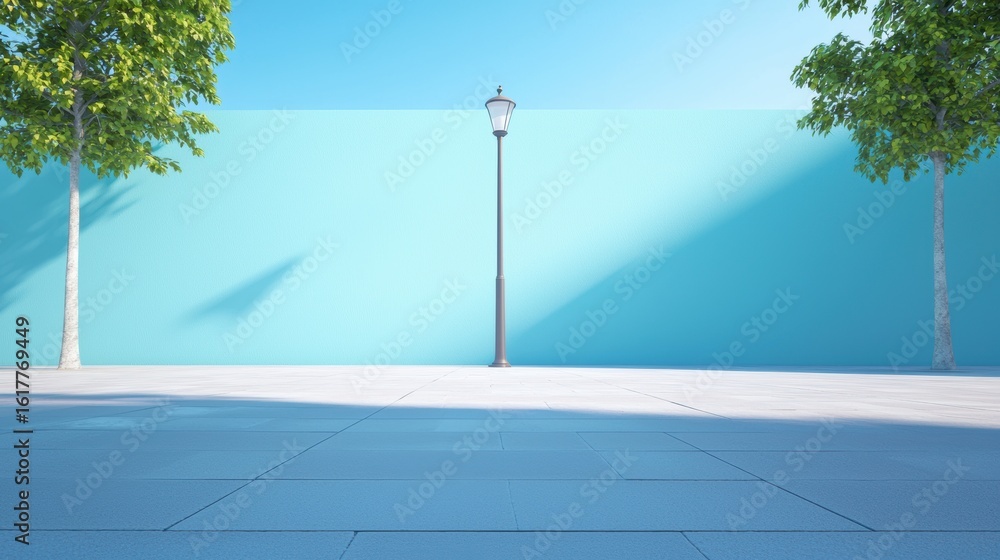Obraz premium Blue shadow of a street lamp stretching across an empty road.