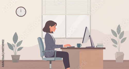 Businesswoman working at her desk in a modern office. Ideal for websites, presentations, and marketing materials.