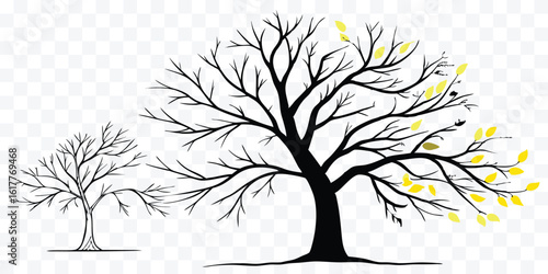 Silhouette Trees Graphic Illustration Showcasing Growth and Autumnal Transition with Bare Branches and Yellow Leaves Depicting Seasonal Changes