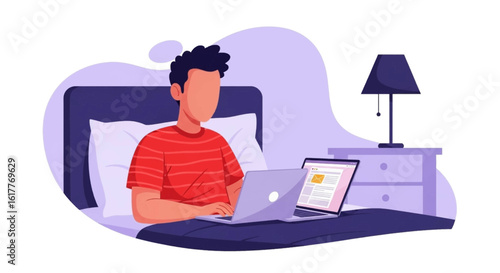 Person working on laptop in bed, perfect for illustrating work-life balance or remote work concepts on websites or blog posts.
