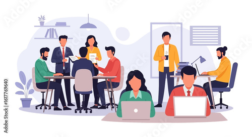 Diverse team collaborating in a modern office, ideal for websites and presentations about teamwork.
