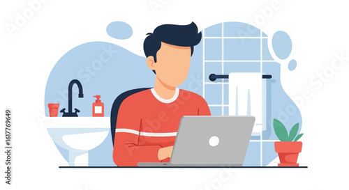 Young man working on laptop in bathroom, illustration for blog post about remote work or work-life balance.