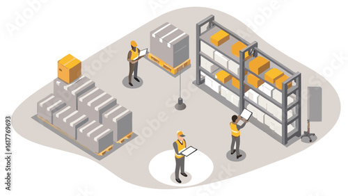 Isometric view of warehouse with workers inspecting boxes and shelves for inventory management task
