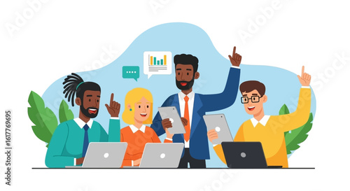 Diverse team brainstorming, collaborating on laptops and tablets. Ideal for websites, presentations, and marketing materials.