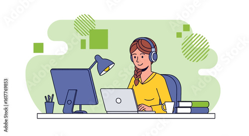 Woman working from home on laptop and desktop computer. Perfect for website banners, blog posts, and articles about remote work, online learning, or freelancing.