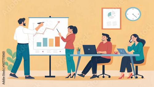 Business team meeting, brainstorming, presenting data, analyzing charts and graphs. Ideal for websites, presentations, and marketing materials.