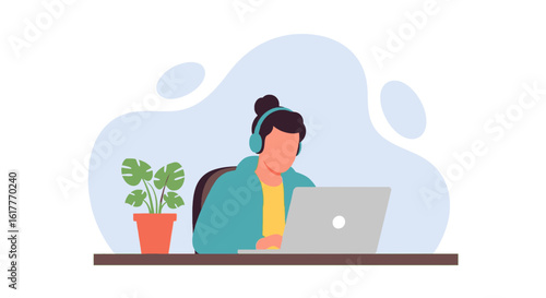 Person working from home on laptop, wearing headphones. Perfect for blogs, websites, and articles about remote work.
