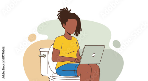 Illustration of a person working on a laptop while sitting on a toilet; perfect for articles on work-life balance or remote work.