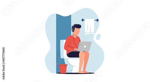 Man working on laptop while sitting on toilet - illustration for blog, article or social media post.