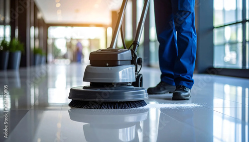 Professional janitorial staff using an industrial floor buffer machine for cleaning and polishing the hallway of a modern corporate