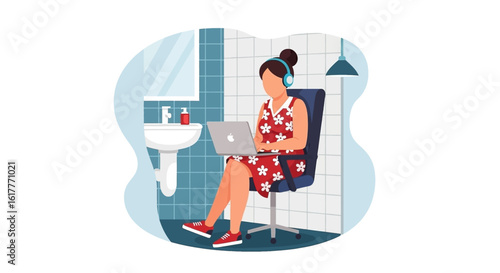 Woman working on laptop in a restroom, perfect for articles on work-life balance or remote work challenges.
