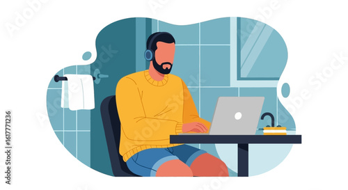 Man working from home on his laptop in the bathroom. Illustration for articles about remote work, work-life balance, or flexible work arrangements.