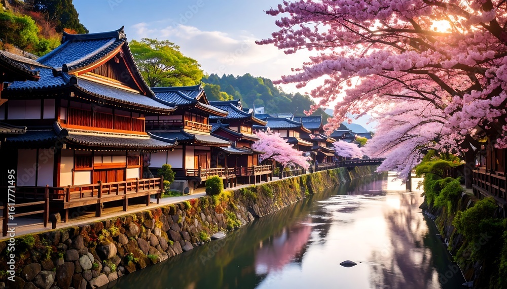 Naklejka premium Cherry blossoms over traditional Japanese village