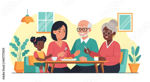 Multigenerational family enjoying a meal together at home. Perfect for family, togetherness, and generational themes.