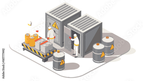 Isometric view of workers in hazmat suits handling barrels and containers with warning symbols inside