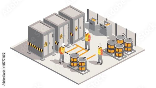 Isometric view of workers in a storage area with barrels and electrical cabinets present in the scene