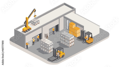 Isometric view of a warehouse with forklifts, workers, and a crane moving stacked goods inside