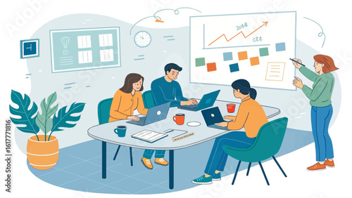 Teamwork in modern office, people collaborating on project, business meeting, strategy session illustration for website or presentation.