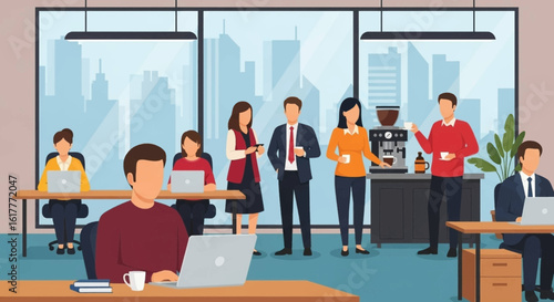 Diverse team of professionals working in a modern office with city views, ideal for business presentations or website banners.