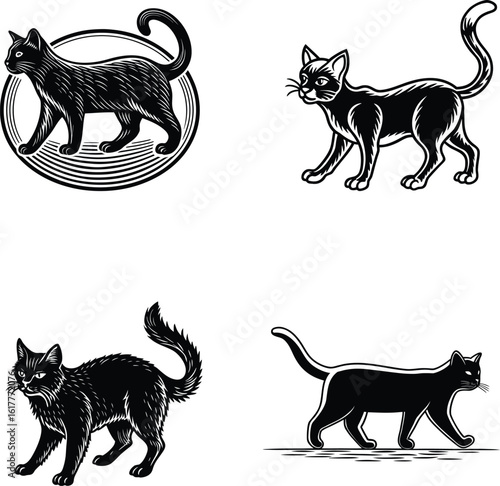 Vintage Black Cat Illustrations - Stylized Feline Artwork