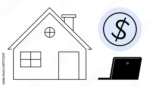 House outline, large dollar sign in a circle, and laptop image together evoke themes of real estate, financial planning, and digital business. Ideal for property investment, loan management