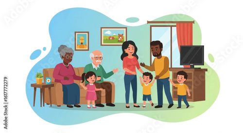 Happy multigenerational family gathering at home, perfect for family, togetherness, and generational themes.
