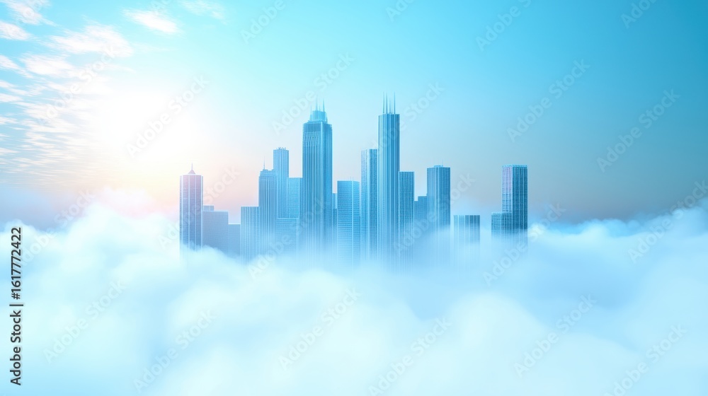 Fototapeta premium Blue mist surrounding a futuristic city skyline, creating an ethereal effect.