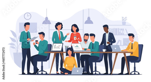 Diverse business team collaborating in a modern office, ideal for websites and presentations.