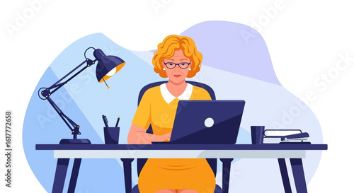 Senior woman working on laptop at her desk - perfect for website banners, brochures, or articles about retirement or remote work.