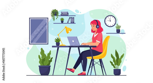 Young woman working from home on laptop, perfect for remote work, freelance, and home office concepts.