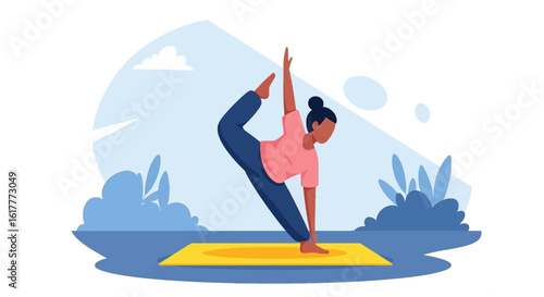 Woman doing yoga outdoors, perfect for wellness websites or brochures.