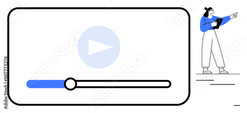Woman holding a tablet gestures toward a video player interface with a visible play button and progress bar. Ideal for media, online learning, tutorials, streaming, tech, presentations, simple