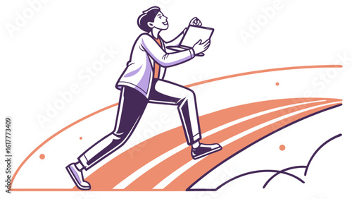 A cartoon business person running up a track, symbolizing success, career growth, and achievement in business